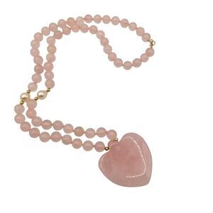 Vintage Pink Rose Quartz Beaded Necklace Heart Pendant 14K Gold Accents Pearls 1